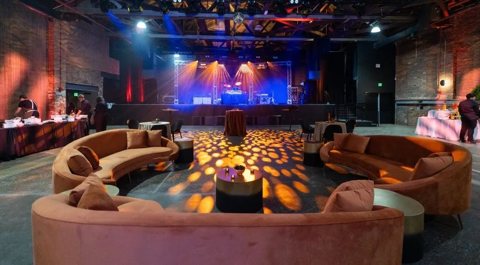 Event Source – Detroit: Corporate event lounge set with rental sofa