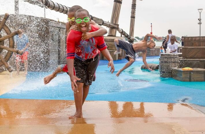 Mt. Elliott Park: Children playing at the Gilbert Family Schooner splash pad