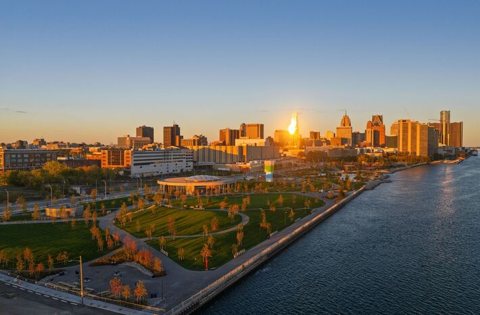 Ralph C. Wilson, Jr. Centennial Park: Aerial view of the park at sunset