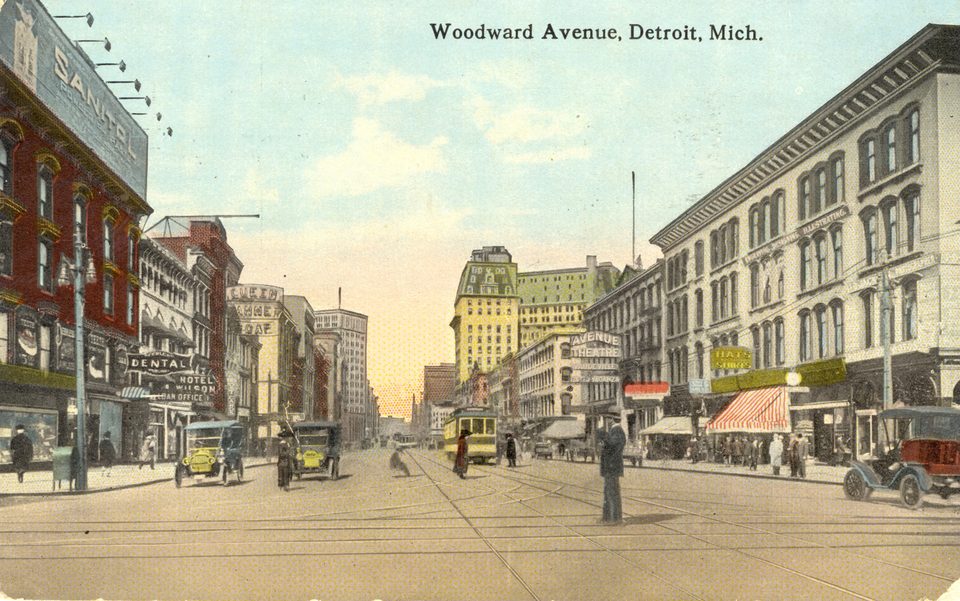 Woodward Avenue around 1913: early cars, streetcars and a traffic officer