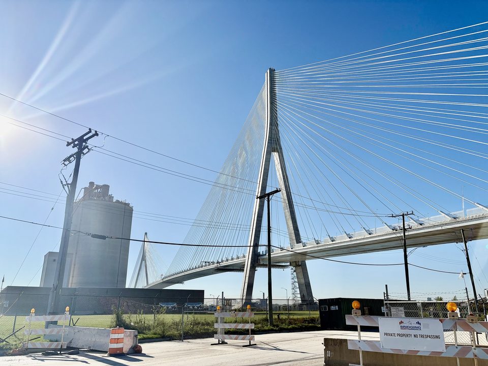 The Gordie Howe Bridge tower on a clear morning