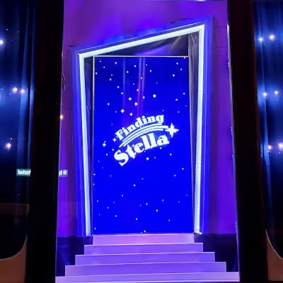 Blue-lit starry doorway with steps, marked Finding Stella