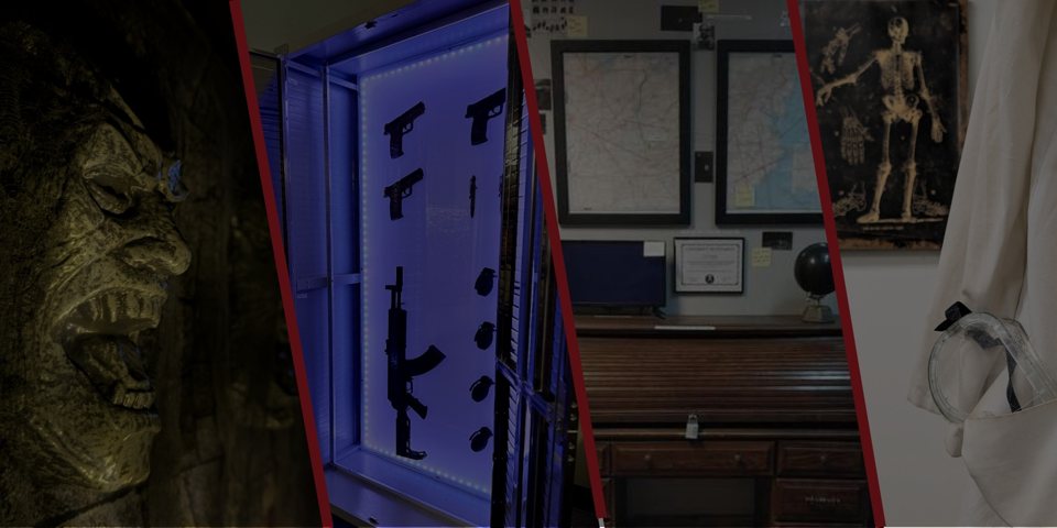 Four room details side by side: a monster head, a weapons locker, a map-lined office and a skeleton chart