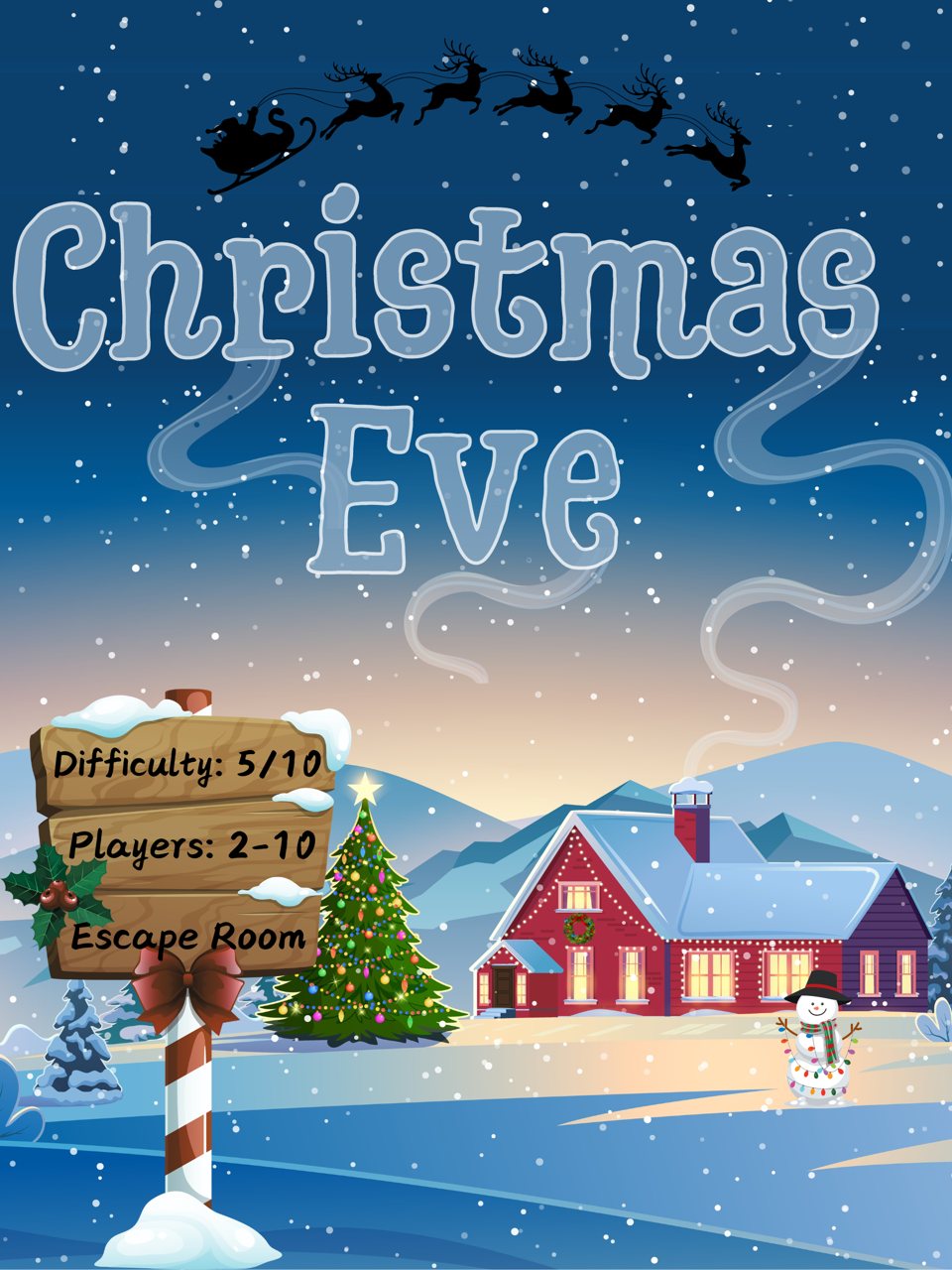 Illustrated poster for the Christmas Eve room with a snowy house, a Christmas tree and a snowman