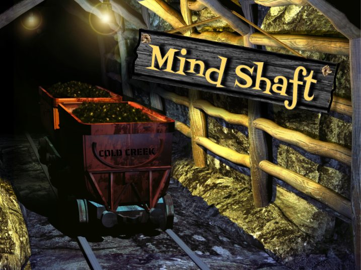Mind Shaft room poster with a loaded mine cart on rails in a timbered mine tunnel