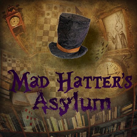 A Mad Hatter's Asylum szoba plakátja: órák, sakktábla és könyvespolcok fölött lebegő cilinder