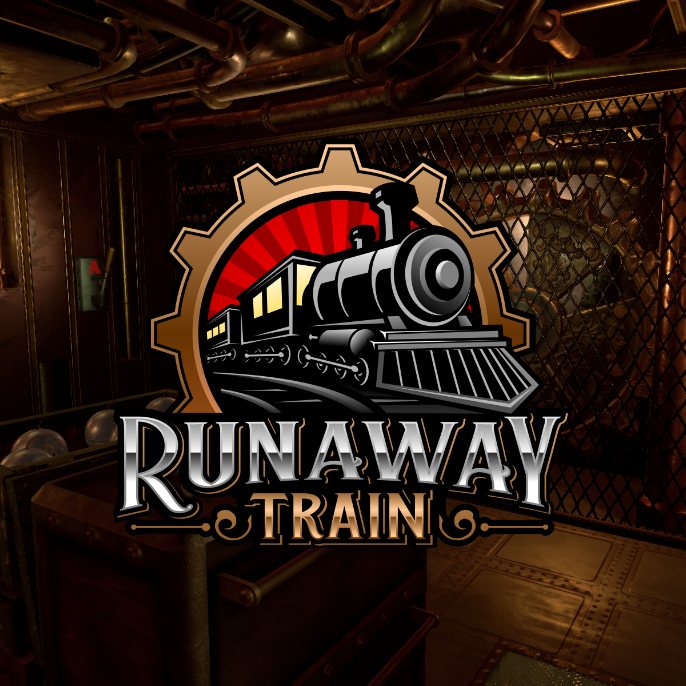 A Runaway Train virtuálisvalóság-szabadulójáték képe: gőzmozdonyos embléma egy félhomályos, csövekkel teli vagon előtt