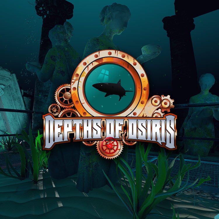 A Depths of Osiris virtuálisvalóság-szabadulójáték képe: cápás hajóablak-embléma elsüllyedt szobrok és hínár előtt