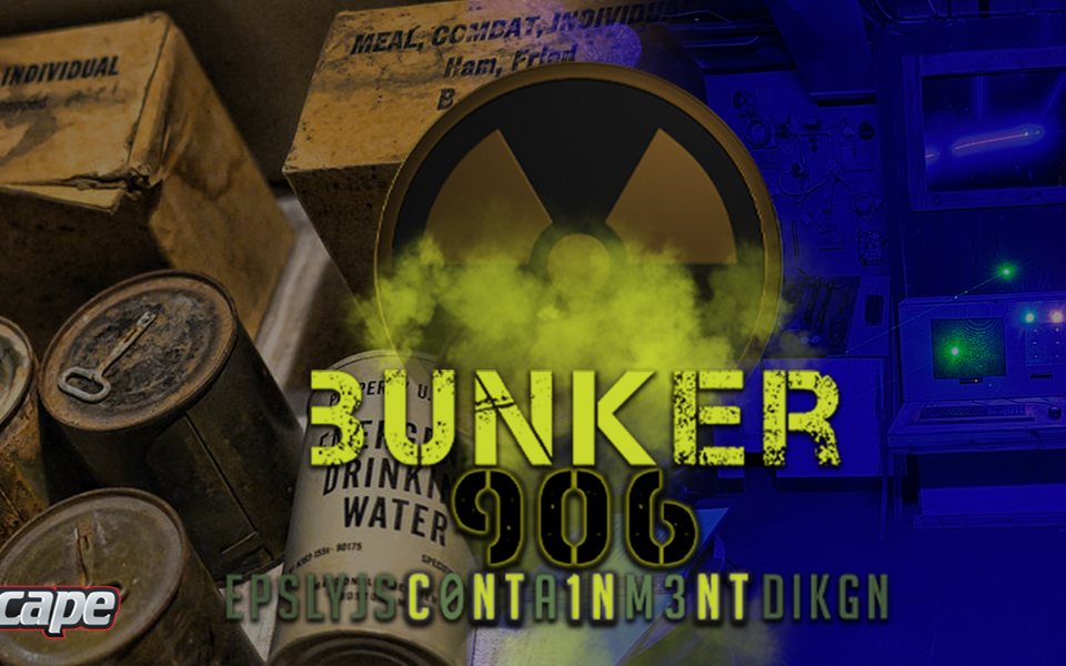 Blue-lit bunker control desk with monitors and colored indicator lights next to old military ration tins on the Bunker 906 room banner
