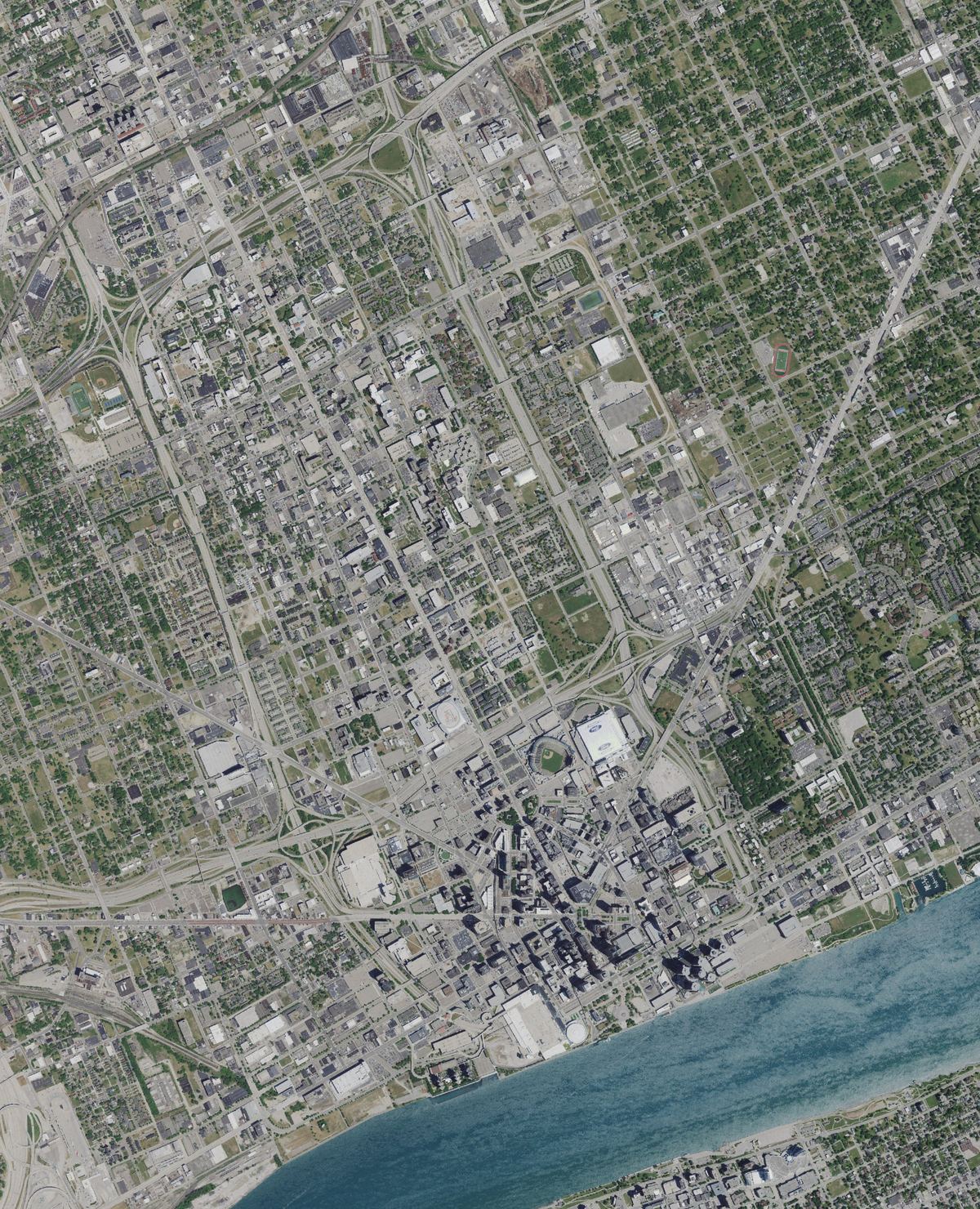 Aerial photo of downtown Detroit, Midtown and Corktown