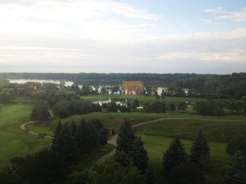 An elevated view over the Eagle Crest golf course toward Ford Lake