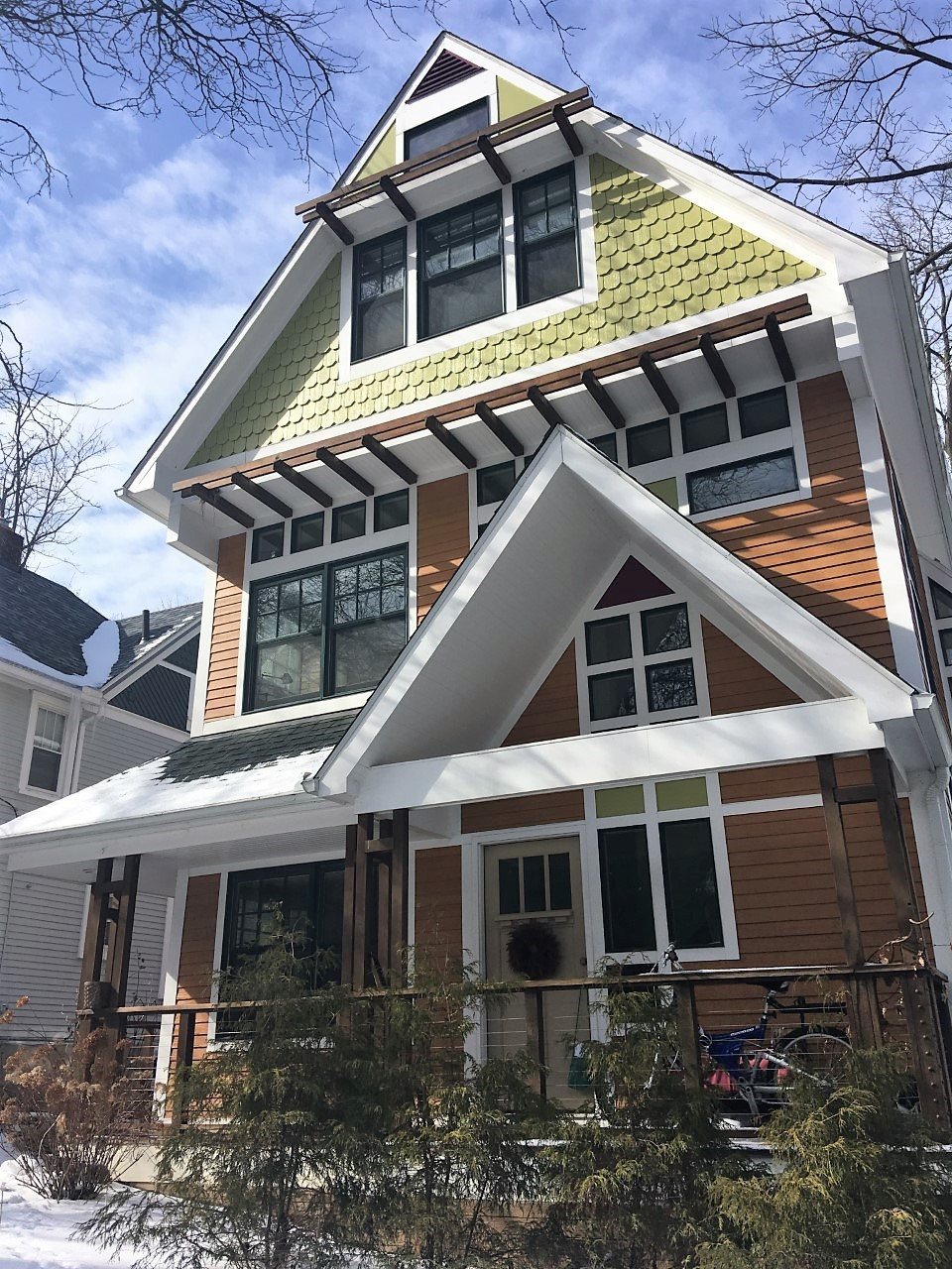 The bed and breakfast's shingled house with gabled front