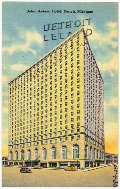 A colorful linen postcard of the Detroit-Leland Hotel from the 1930s or 1940s