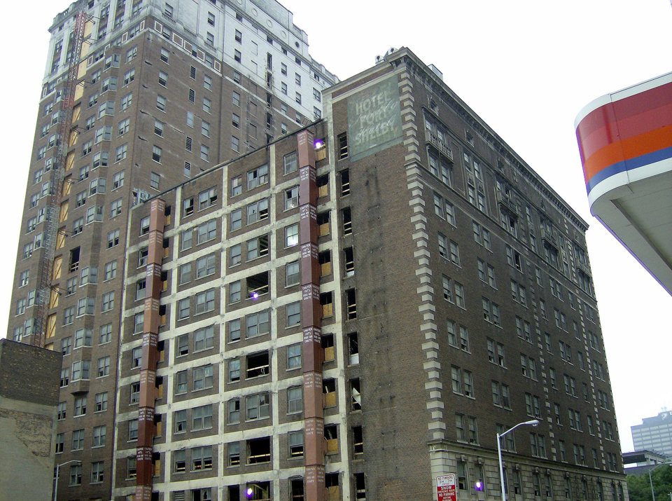 The empty Fort Shelby brick building with its painted Hotel Fort Shelby wall sign during the 2007 renovation