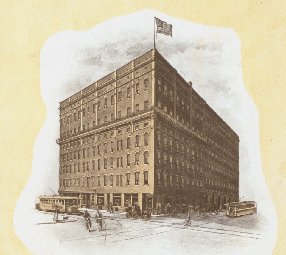 The Griswold House corner building with streetcars, drawn on a 1900 dinner menu