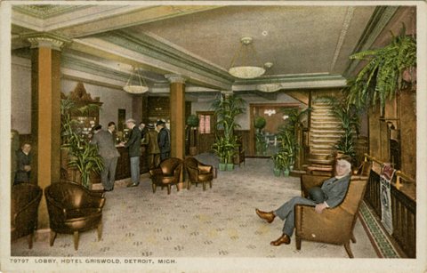 The Hotel Griswold lobby on an old color postcard
