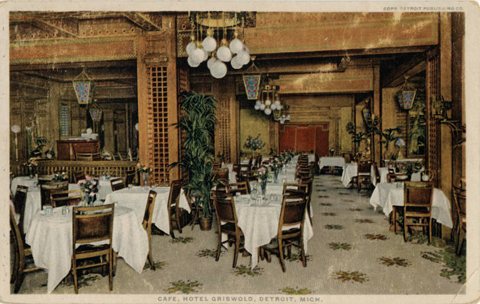 The Hotel Griswold cafe with set tables on an old postcard