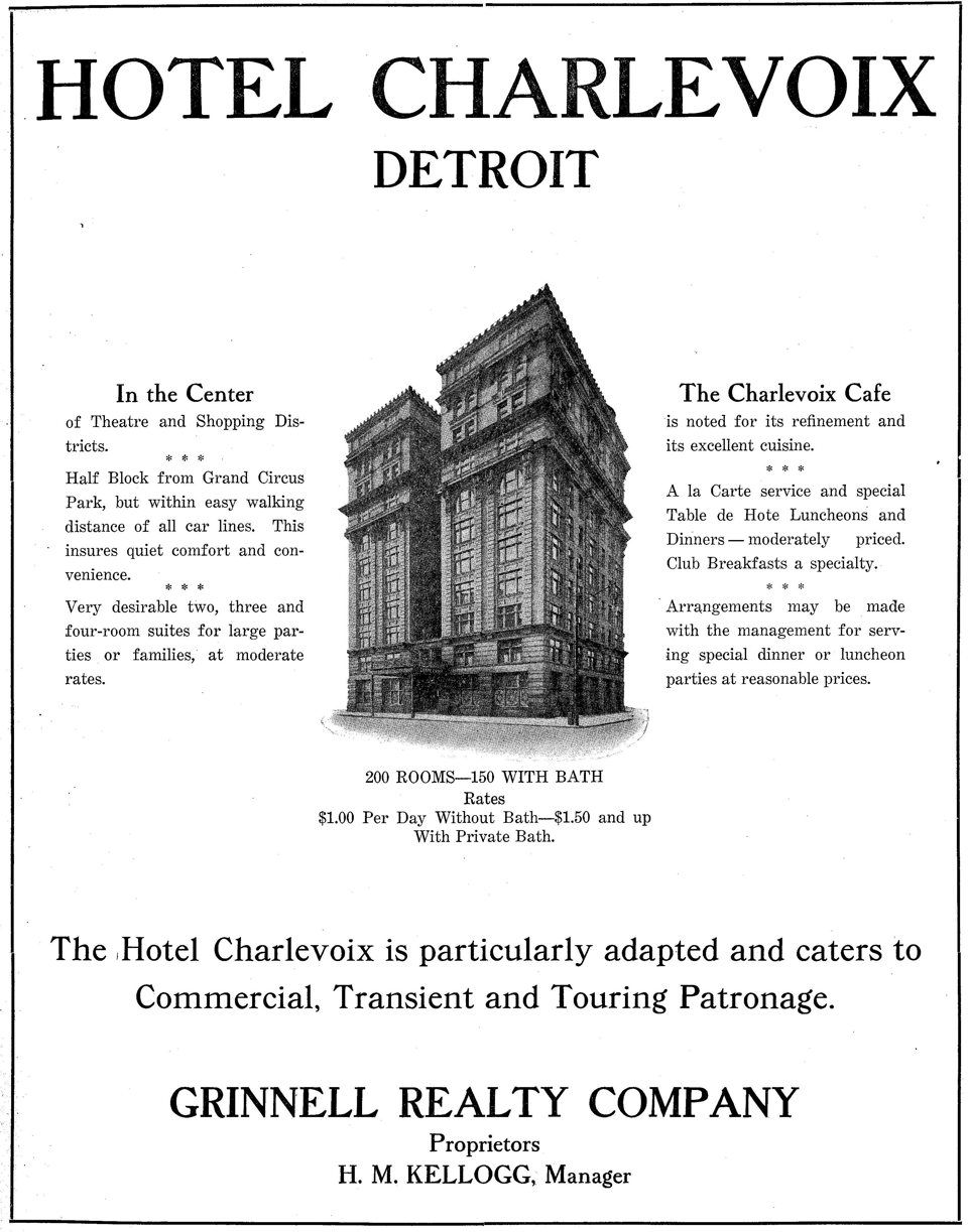 A 1916 advertisement for the Hotel Charlevoix with a drawing of the hotel building