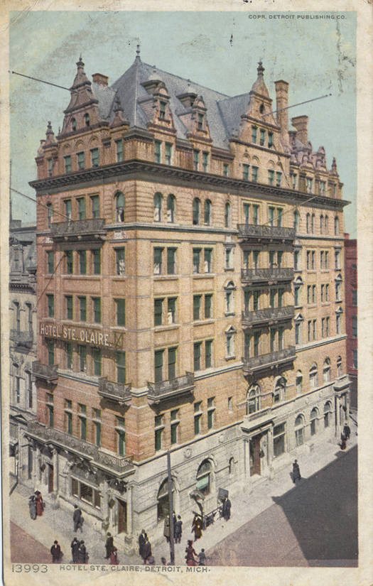 Képeslap a Hotel Ste. Claire épületéről a Monroe és a Randolph utca sarkán