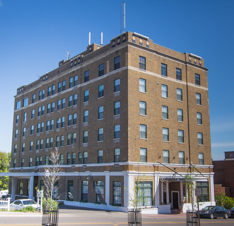 The Landmark Inn's multi-story brick building in downtown Marquette