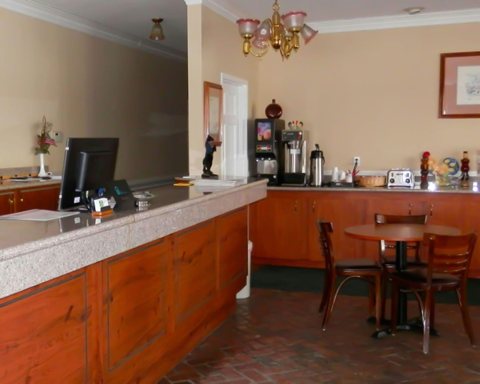 The front desk and breakfast area counter