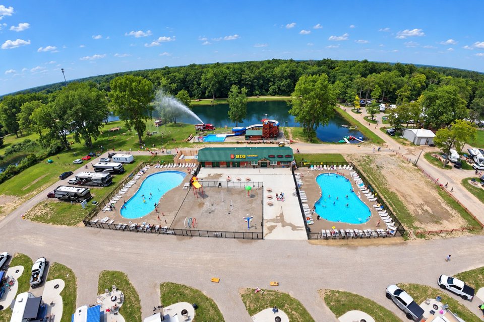 Aerial view of the campground's two pools and RV sites