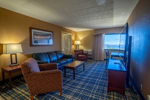 A suite's living area with a leather sofa, armchairs and a window overlooking the water