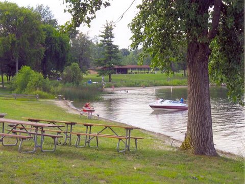 Picnic tables beside the lake