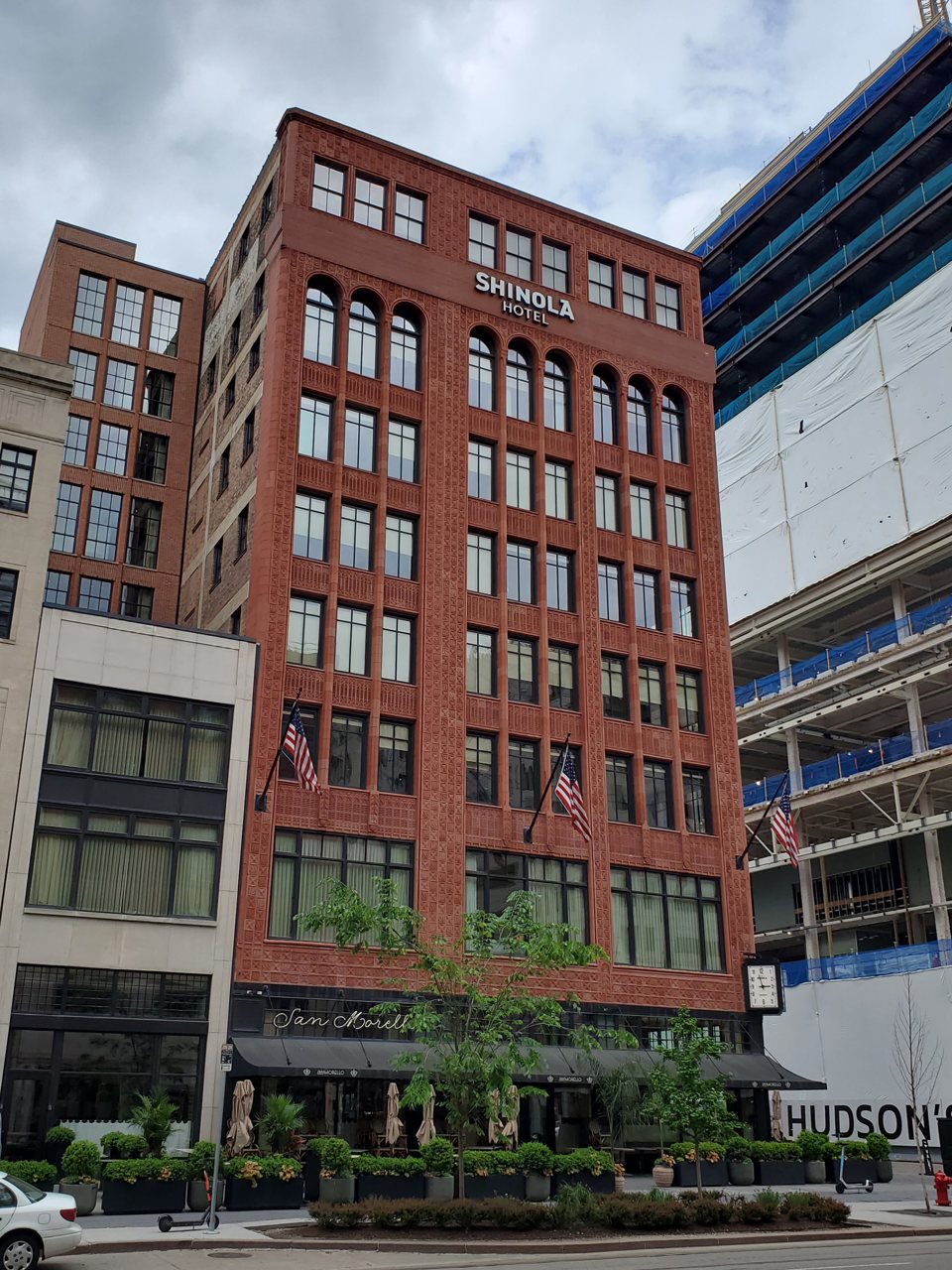 The Shinola Hotel's brick facade on Woodward Avenue