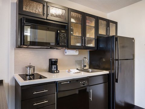 The suite's kitchenette with a fridge, microwave and cooktop