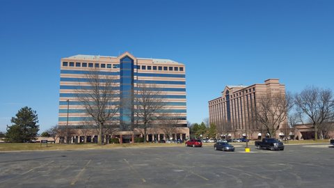 The Henry's hotel tower next to the Fairlane Plaza South office building in Dearborn, 2017