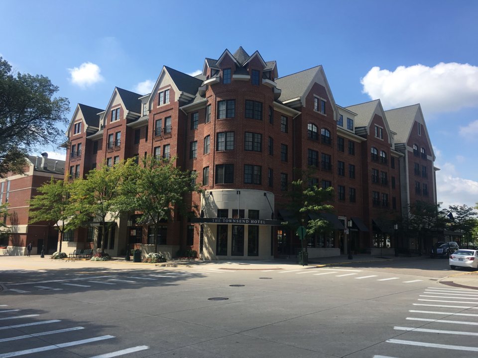 The hotel's gabled red-brick building on Townsend Street in downtown Birmingham