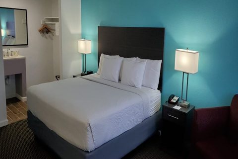 Room with a bed and dark headboard