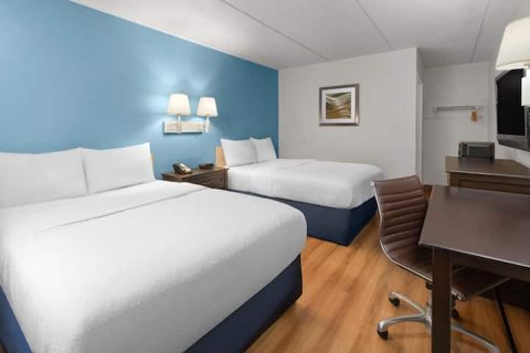Room with two beds and a blue accent wall