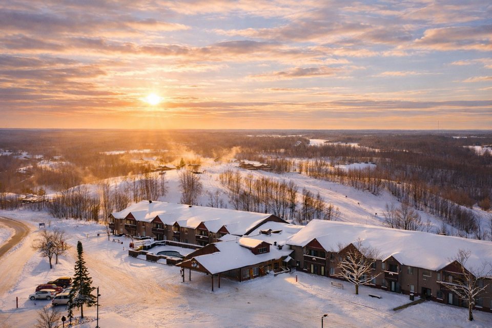 The resort's snow-covered lodge buildings from above, with the sun low on the horizon