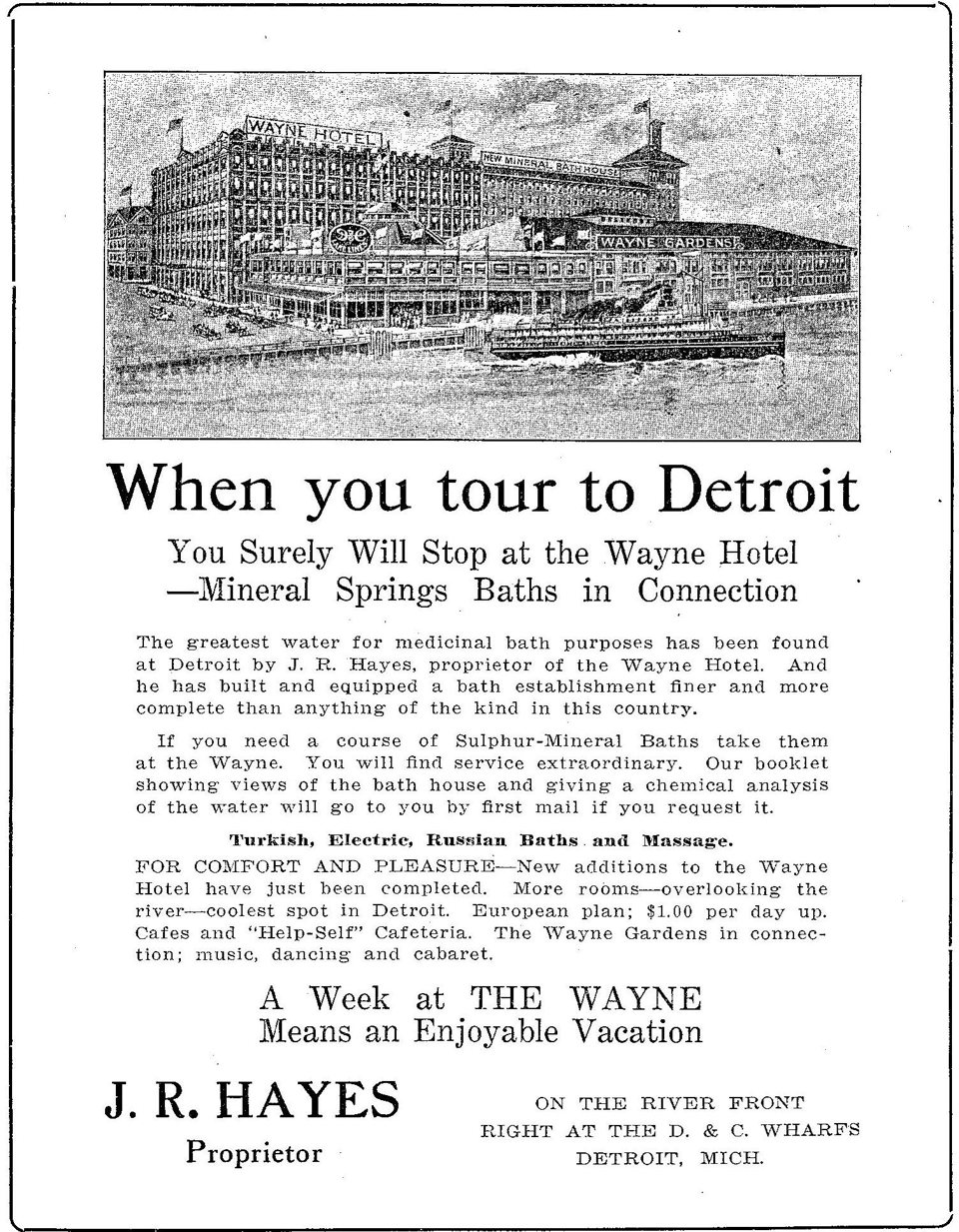 A 1916 advertisement with a drawing of the riverfront Wayne Hotel and descriptive text