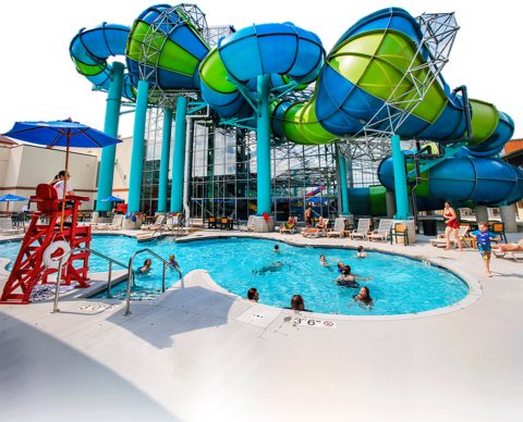 The waterpark's colorful slide towers and pool