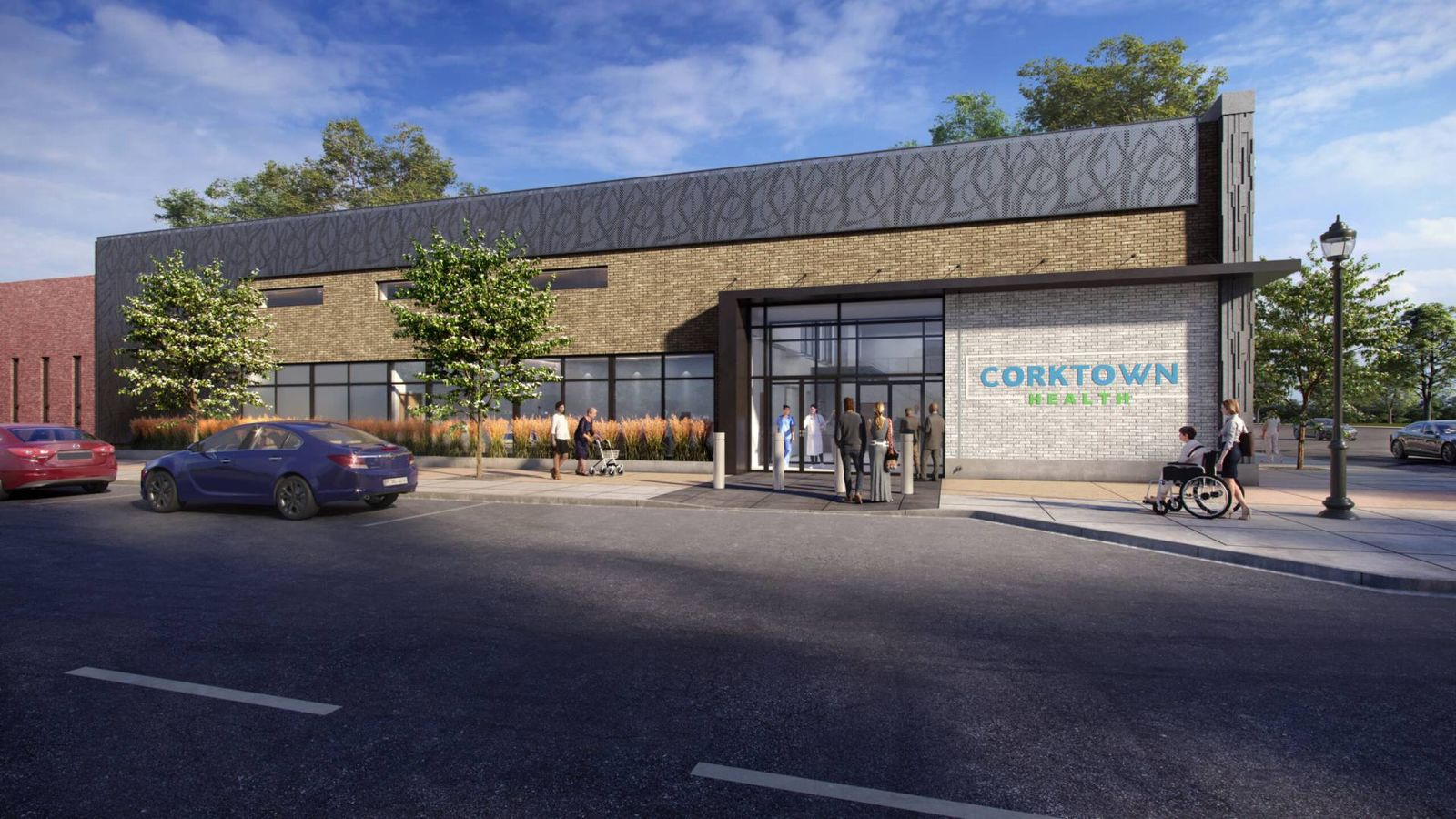 Látványterv a Corktown Health modern, egyszintes rendelőépületéről
