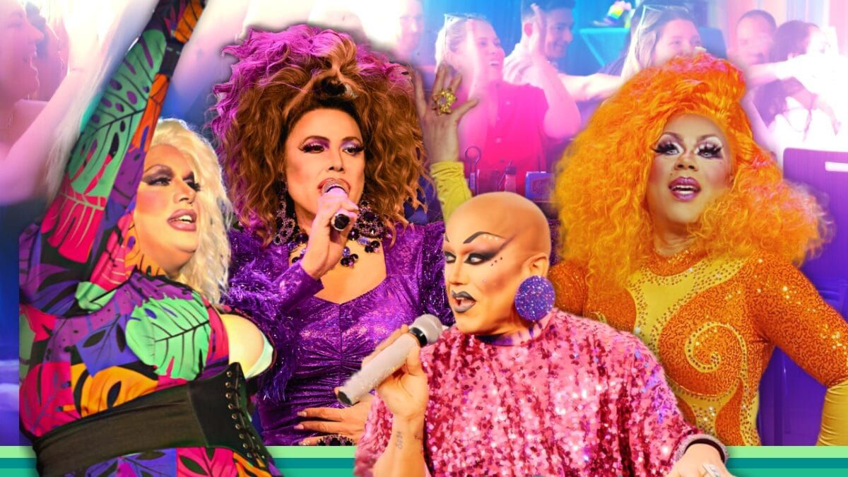 Négy drag-előadó mikrofonnal a Five15 drag bingójának promóciós képén