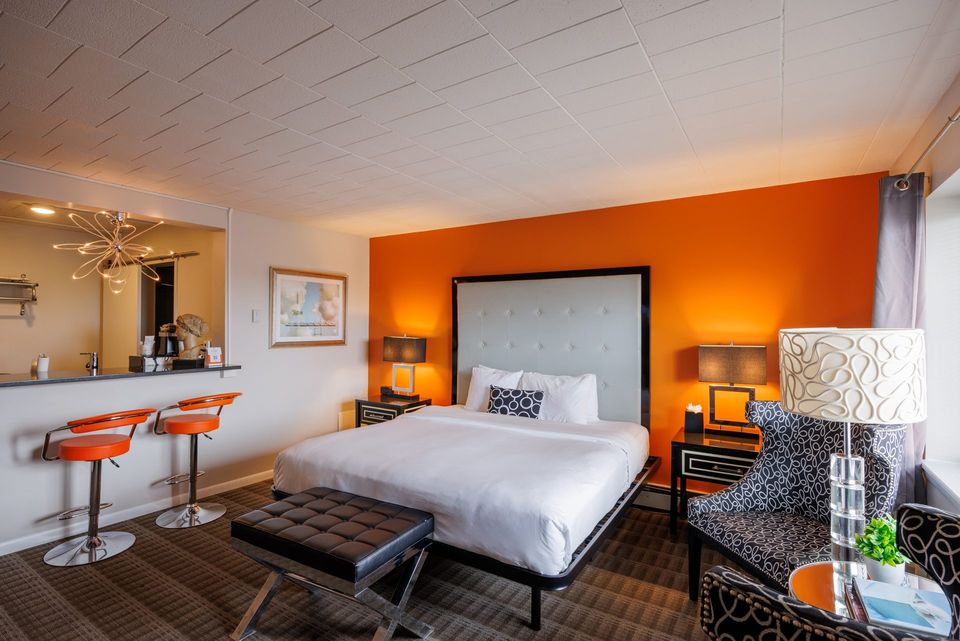 Guest room with an orange accent wall, large bed and bar counter