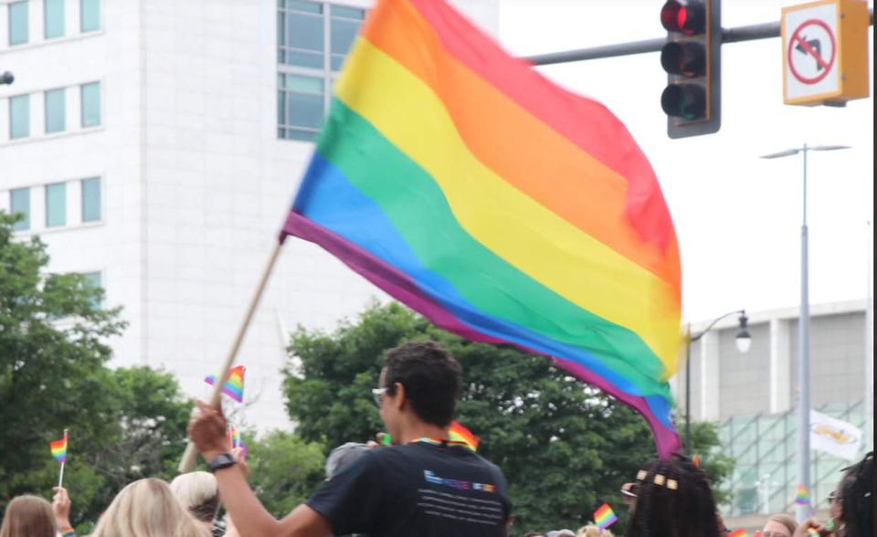 A rainbow flag waving above the crowd at a Pride march