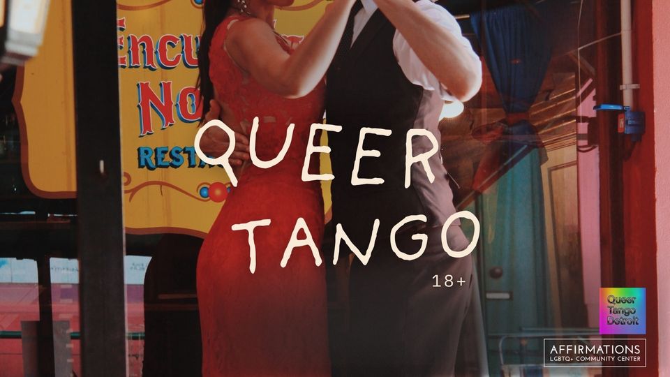 Tangózó pár a „Queer Tango 18+” felirat mögött