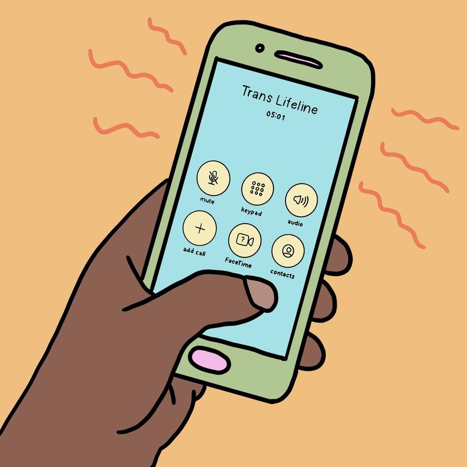 Illusztráció: kéz okostelefonnal, a kijelzőn Trans Lifeline-hívás