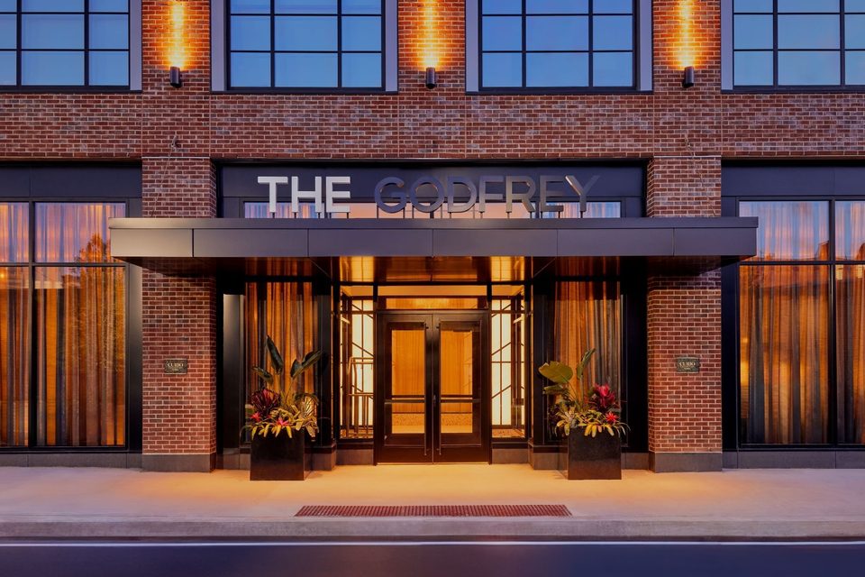 The Godfrey Hotel Detroit — Hotel front entrance at night