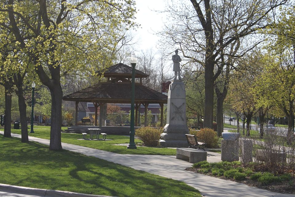 Monument Park with its Civil War memorial and gazebo