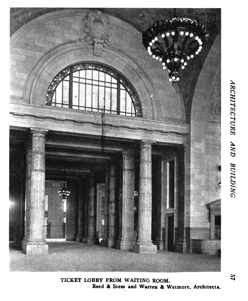 The columned ticket lobby with its chandelier, 1915; today’s shop