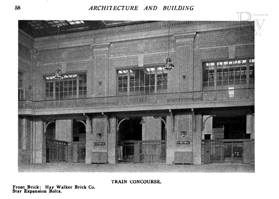 The skylit train concourse with its platform gates, 1915