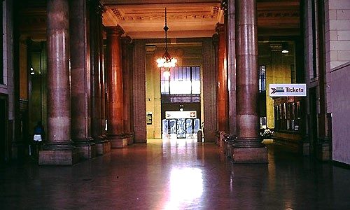 The marble-columned hall still used by Amtrak passengers, 1980