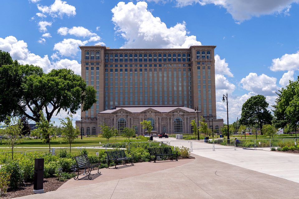The restored station across Roosevelt Park on a sunny day, 2024