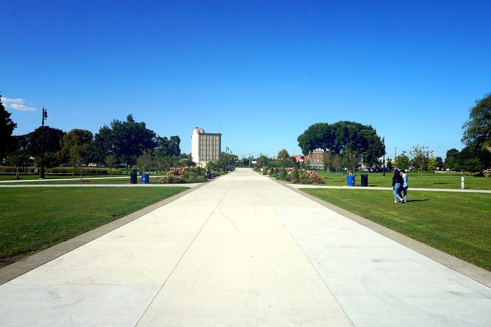 Roosevelt Park’s renovated walkway in summer, 2025